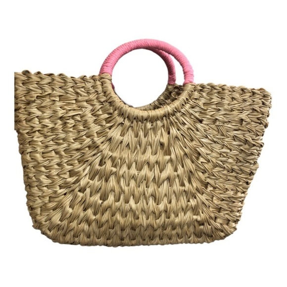Wicker style straw natural basketweave pink knit pompom oversized beach tote new - Picture 11 of 16